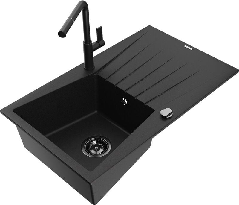 Cesar 1 Becken-Granitspüle mit Abtropffläche und Mischbatterie Flora, Schwarz - 6514-77-670401 - Mexen