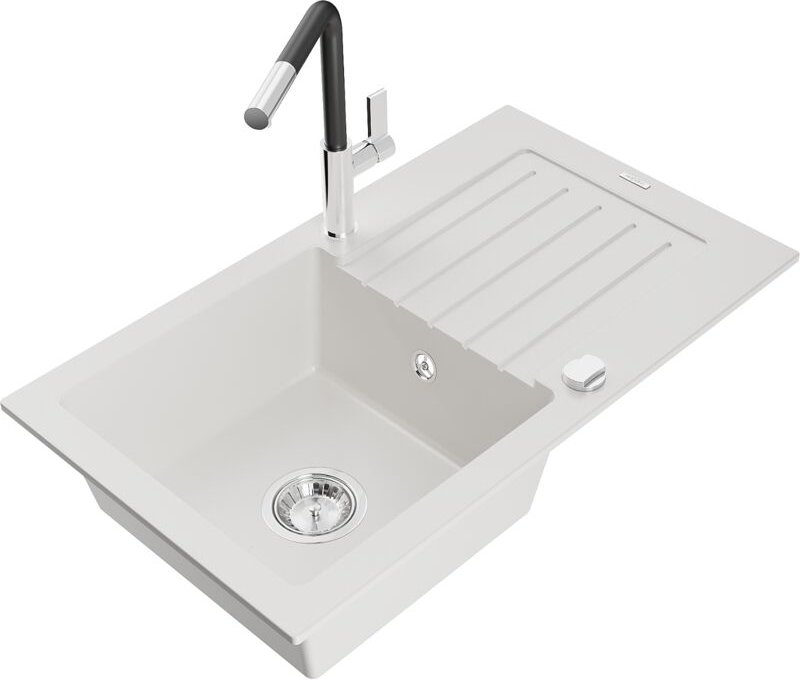 Pablo 1 Becken-Granitspüle mit Abtropffläche und Mischbatterie Flora, Weiß - 6510-20-670401-07 - Mexen