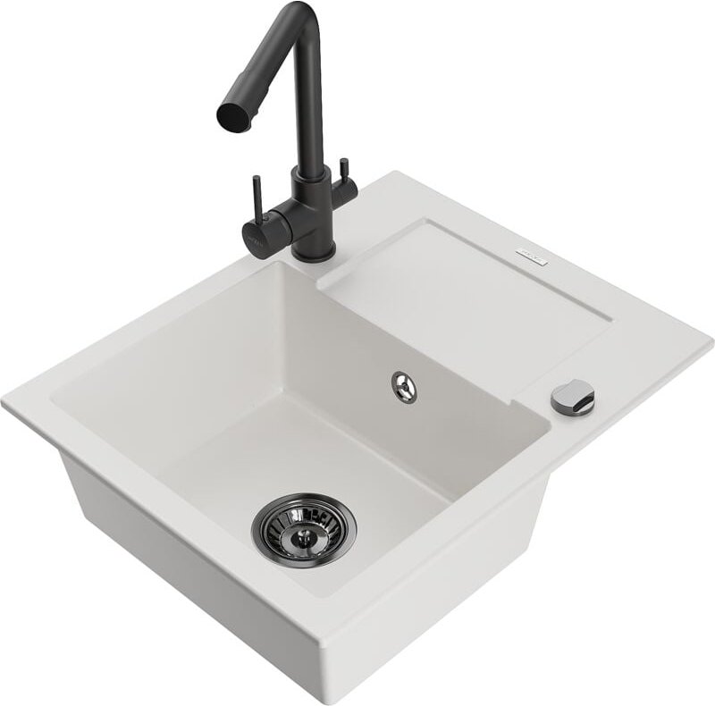Mexen Enzo 1 Becken-Granitspüle mit Abtropffläche und Mischbatterie Duero, Weiß - 6506-20-671600-70