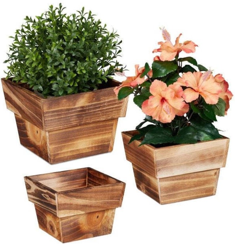 3x wooden square plant pots