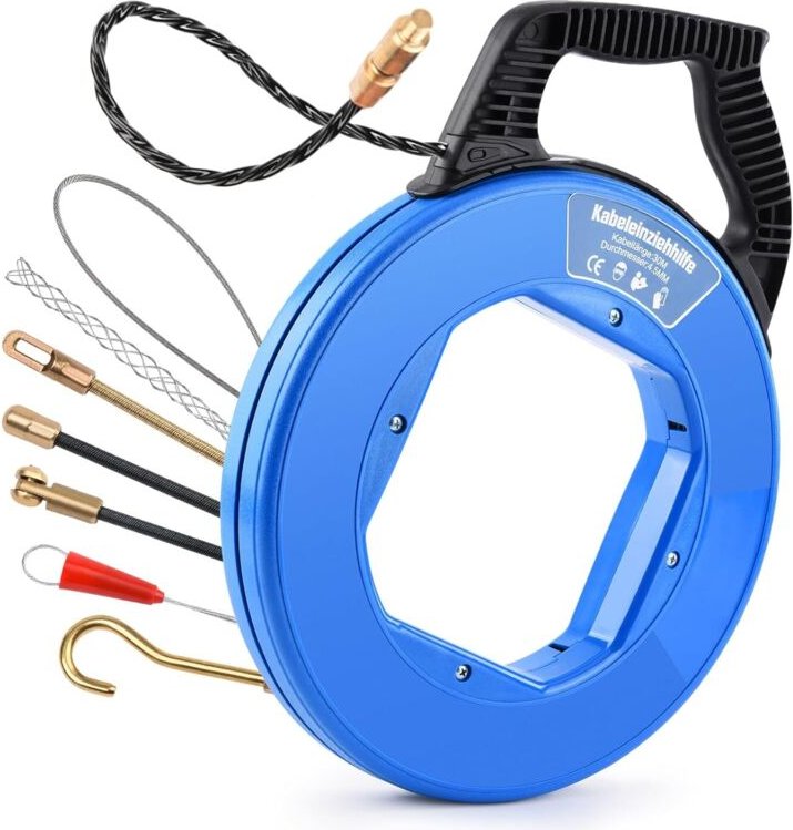 Kabeleinziehhilfe 50m, 4,5mm, Einziehspirale inkl. 7 Adapter, Einziehhilfe für Leerrohre, Einziehfeder für Leerrohr, Zug...