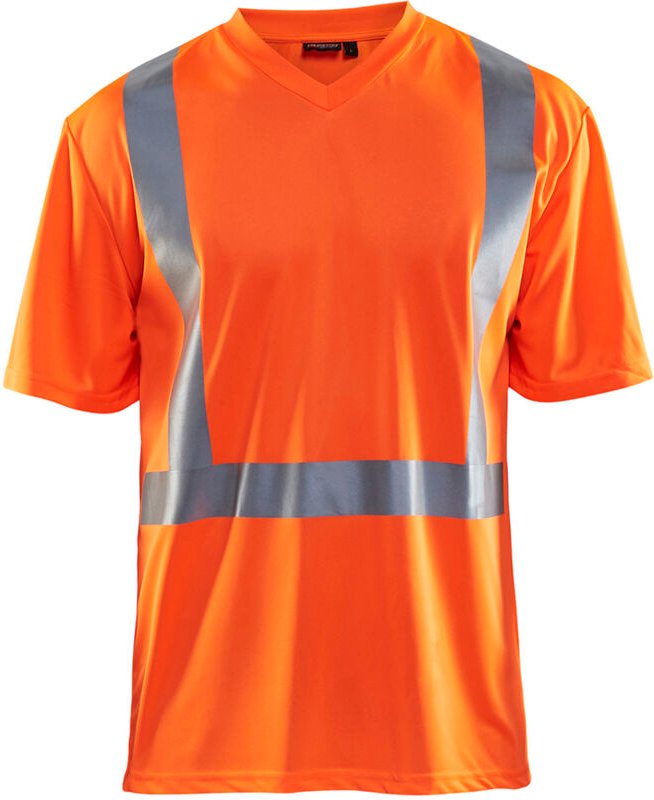 Hochsichtbares Arbeitsshirt mit V-Ausschnitt, UV- und geruchshemmend, 3382 - Neonorange XXXL