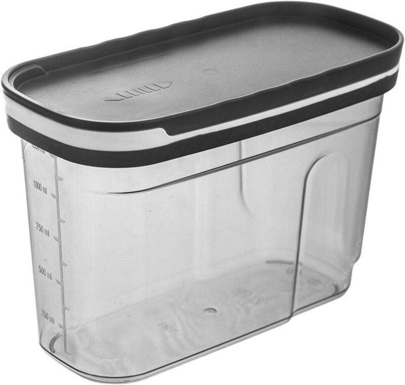 Container with dosing lid and measuring scale for dry goods