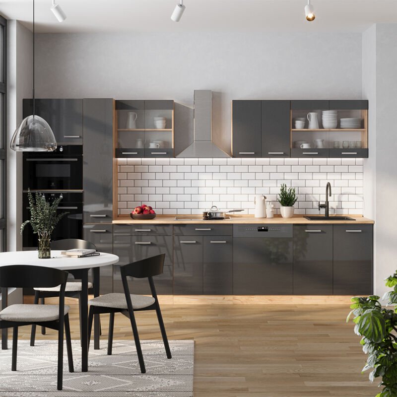 Vicco - Küchenzeile R-Line, Anthrazit Hochglanz/Goldkraft Eiche, 350 cm mit Hochschrank, ap Marmor