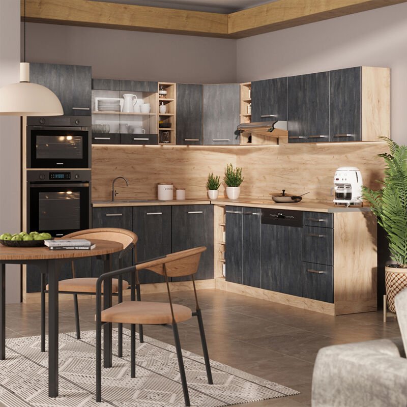 Thumbnail - Einbauküche in L-Form R-Line, Schwarz Beton/Goldkraft Eiche, 237 x 247 cm AP Marmor, Vicco