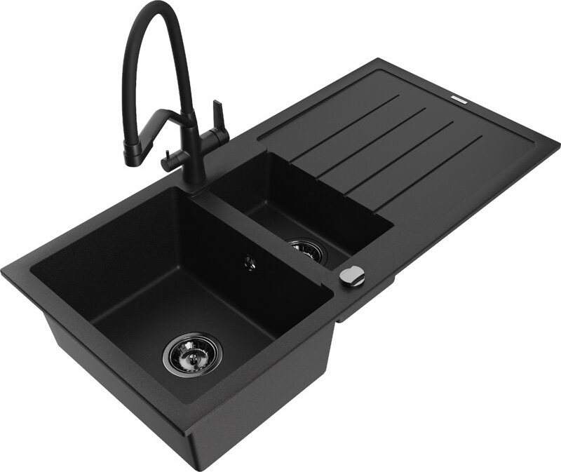 Andres 1,5-Becken-Granitspüle mit Abtropffläche und Mischbatterie Duo, Schwarz - 6515-77-67170 - Mexen