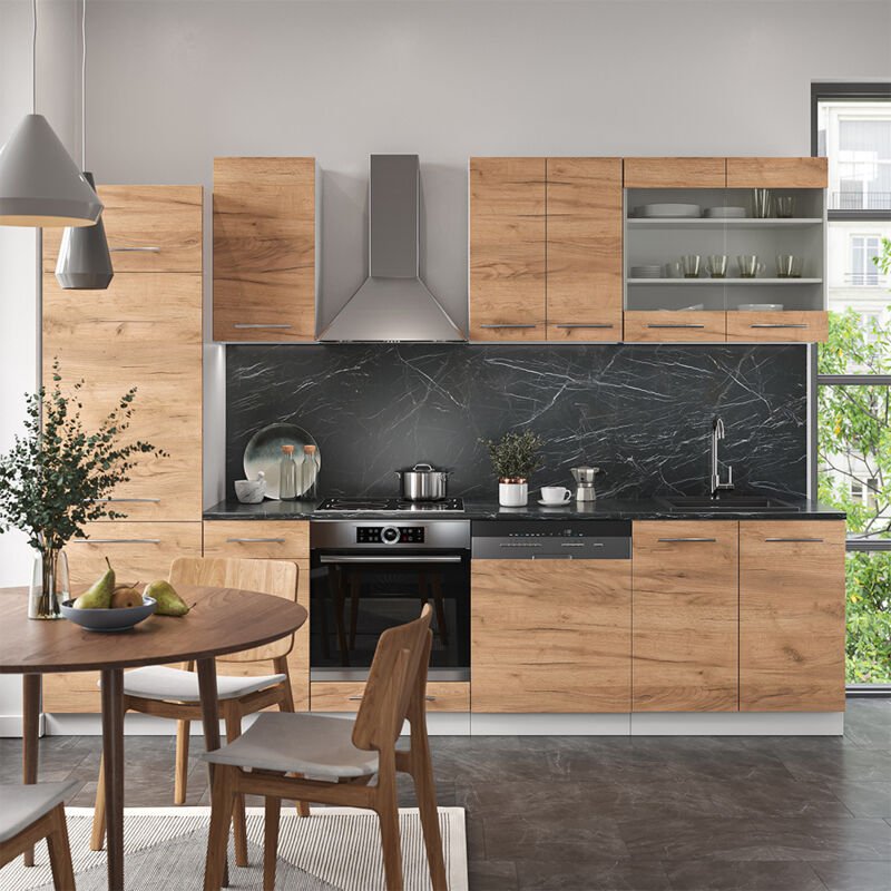 Vicco - Küchenzeile Fame-Line, Goldkraft Eiche/Weiß, 300 cm , ap Marmor