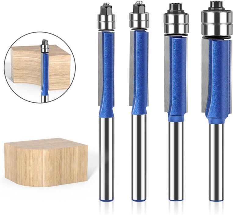 Thumbnail - 4-teiliges Bündigfräser-Set mit 6-mm-Schaft, Nutfräser, Bündigfräser mit Doppellager am Kopf (Schnittdurchmesser: 6,35 m...