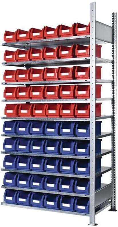 Steckregal H2000xB1000xT300mm Anbauregal 10 Stahlböden 30 x Gr. 5 blau, 30 x Gr. 5 rot