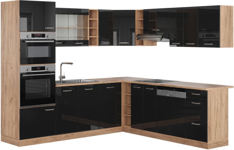 Vicco - Eckküche R-Line, Schwarz Hochglanz/Goldkraft Eiche, 237 x 247 cm , ap Eiche
