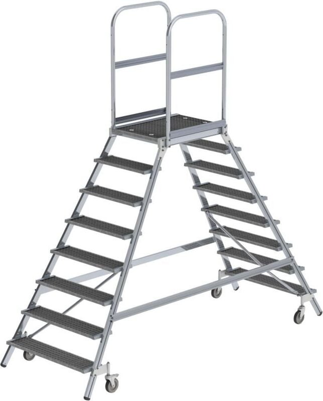 Podesttreppe beidseitig begehbar mit Federrolle Stahl-Gitterrost 2x8 Stufen - 051208 - Günzburger Steigtechnik