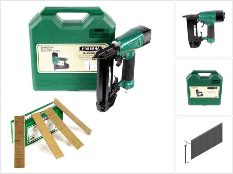 2P-J50SDS Luftdruck Druckluftnagler 5-7 bar im Transportkoffer + Stauchkopfnägel Brads 25 mm 5000 Stück - aus verzinktem...