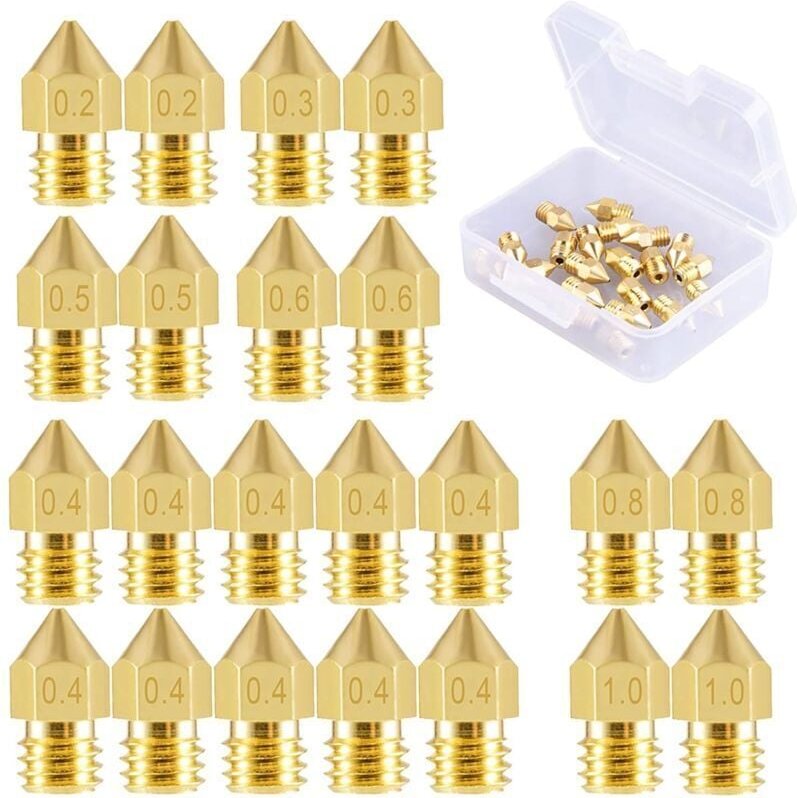 22 Stück Druckerdüsen MK8 Düse 0,2 mm, 0,3 mm, 0,4 mm, 0,5 mm, 0,6 mm, 0,8 mm, 1,0 mm für Makerbot CR-10 3D-Drucker