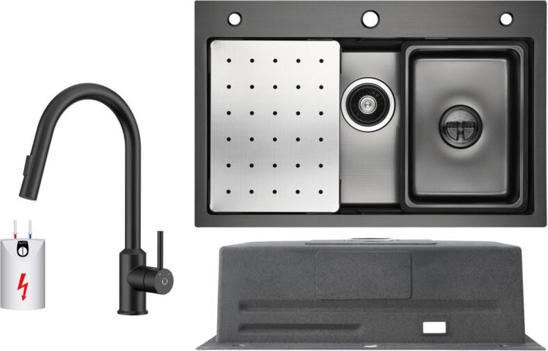 Cecipa Max - Küchenspüle aus Edelstahl 70x45cm Anthrazitschwarz Mit Abtropffläche + Ausziehbarer Niederdruck-Küchenarmat...