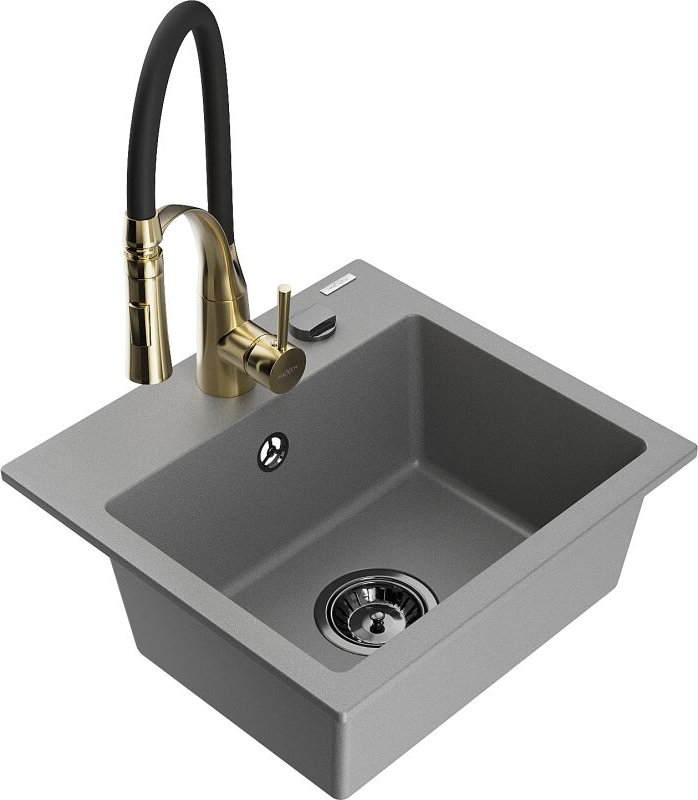 Mexen - Milo 1-Becken-Granit-Spüle mit Mischbatterie Aster, Grau - 6505-71-73450-57-B