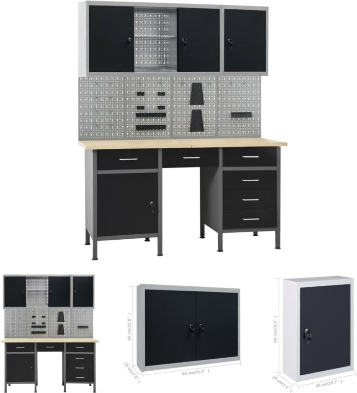 Werkbank mit 4 Werkzeugwänden und 2 Wandschränken - Werkbänke - Schwarz - The Living Store