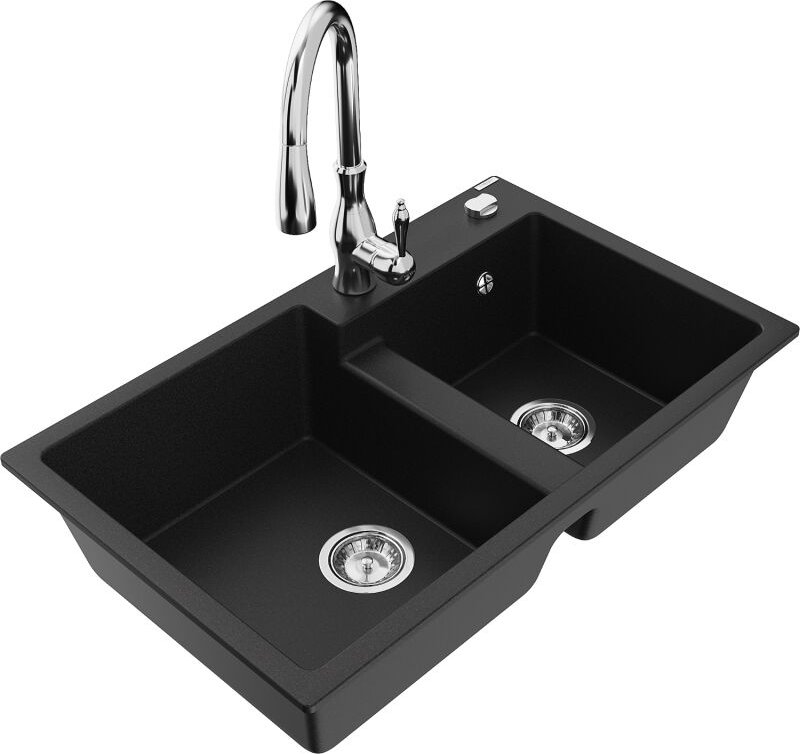 Tomas 2-Becken-Granitspüle mit Mischbatterie Savita, Schwarz - 6516-77-672601-00 - Mexen