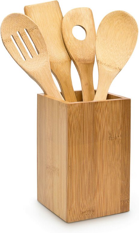 Relaxdays - Kochlöffelset Bambus 5-teilig, je 30 cm, Holzlöffel, Rührkelle, Lochkelle, Pfannenwender, mit Halter, natur