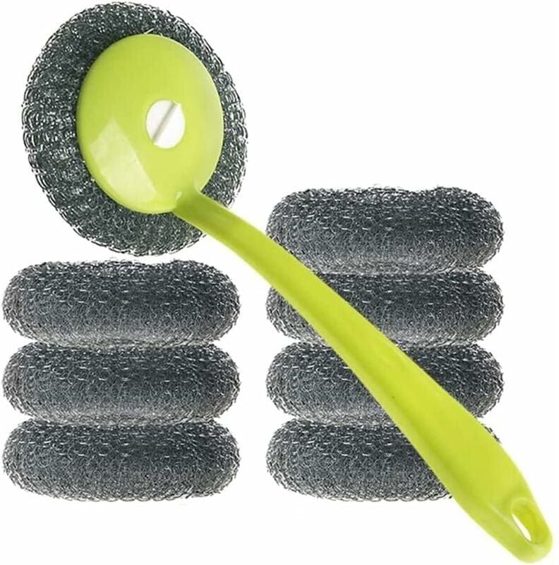 Scheuerschwamm-Set aus Edelstahl mit Griff, 8er-Pack, für Küchenutensilien, Topfbürste, Herdplatte, zum Entfernen hartnä...