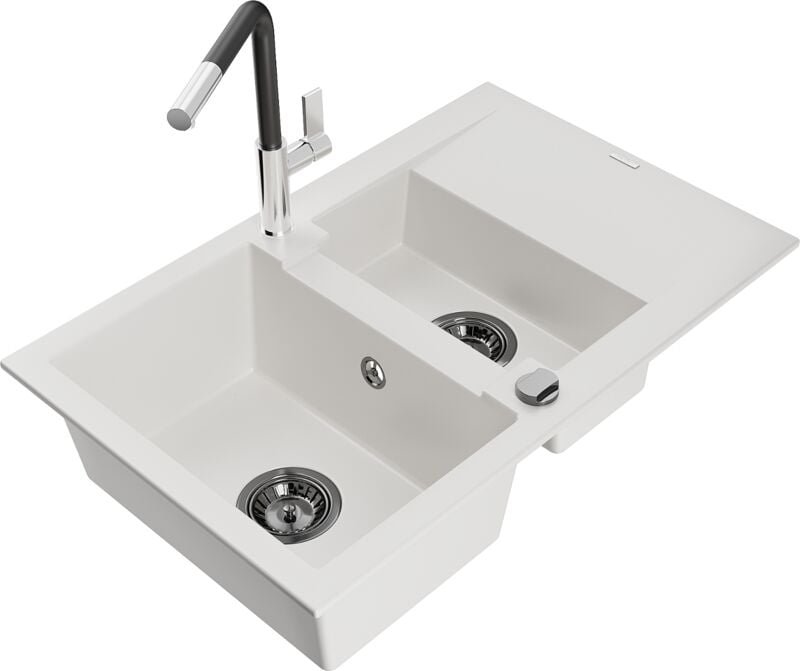 Gaspar 1,5-Becken-Granitspüle mit Abtropffläche und Mischbatterie Flora, Weiß - 6507-20-670401 - Mexen