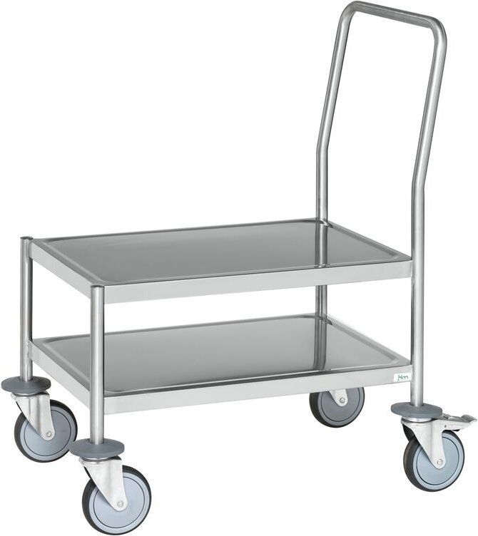 Kongamek Edelstahl- Plattformwagen rostfrei mit Schiebegriff, 2 Etagen 980x475mm Gummibereifung und Bremse