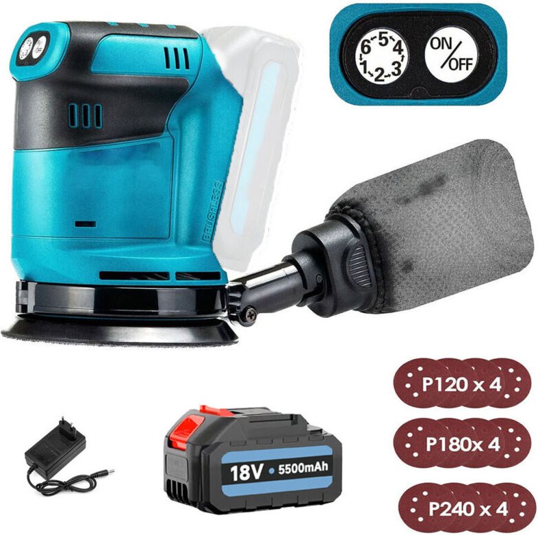 125-mm-Akku-Elektro-Exzenterschleifer, bürstenlos, 6 Geschwindigkeiten, schnell anzubringender Staubbeutel und 12 Scheib...