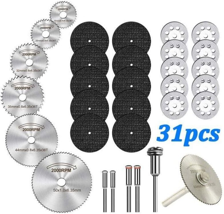 Set da 31 pezzi, disco da taglio per utensili rotanti, disco diamantato per taglio di legno e metallo, lama per sega cir...