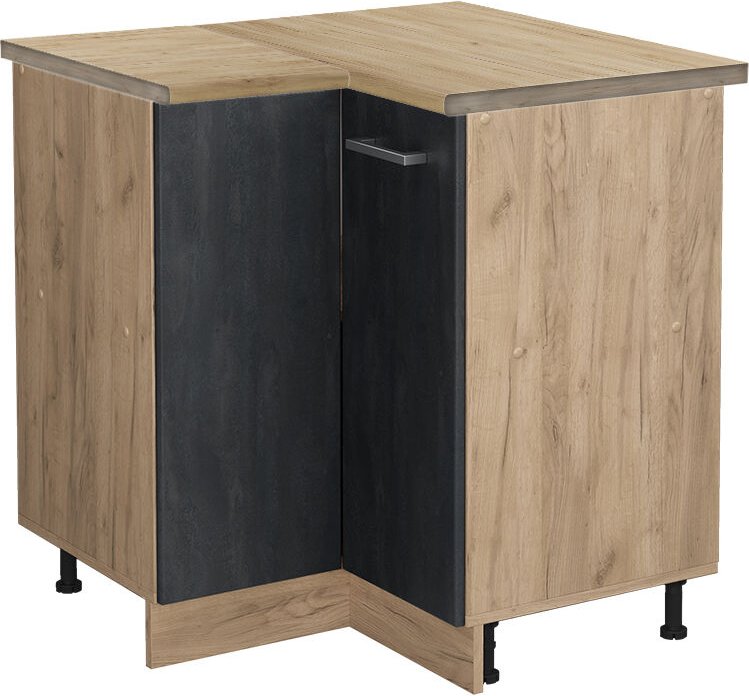 Vicco - Eckunterschrank R-Line, Schwarz Beton, 75.6 cm ap Eiche