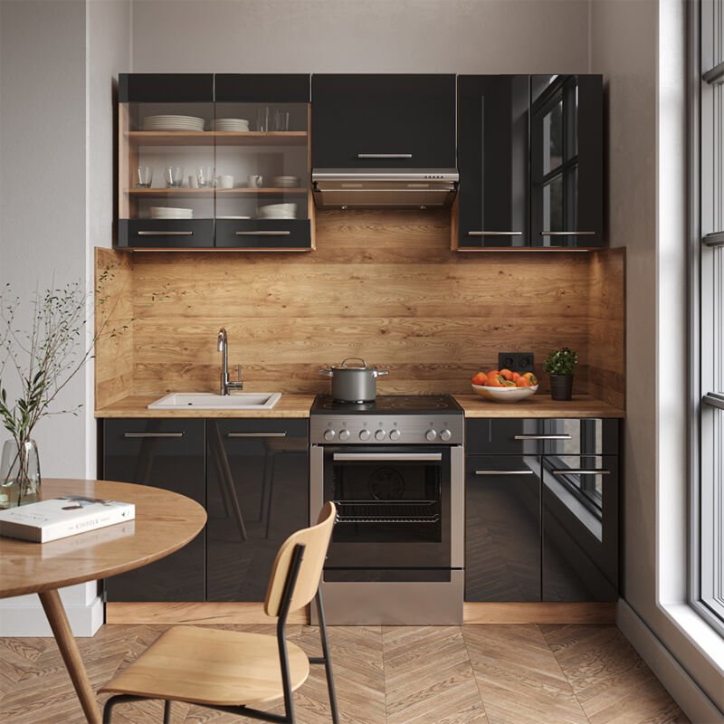 Vicco - Küchenzeile Fame-Line, Anthrazit Hochglanz/Goldkraft Eiche, 200 cm ohne Arbeitsplatte