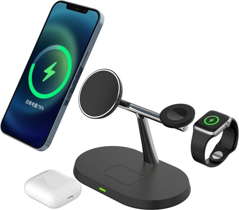 Kabelloses Ladegerät, 3-in-1 15-W-Schnellladestation mit Smart-Chip, magnetische Halterung passend für iPhone, schneller...