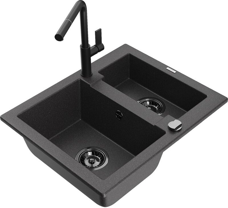 Mexen Carlos 1,5-Becken-Granitspüle mit Mischbatterie Flora, Schwarz gesprenkelt - 6518-76-670401-70