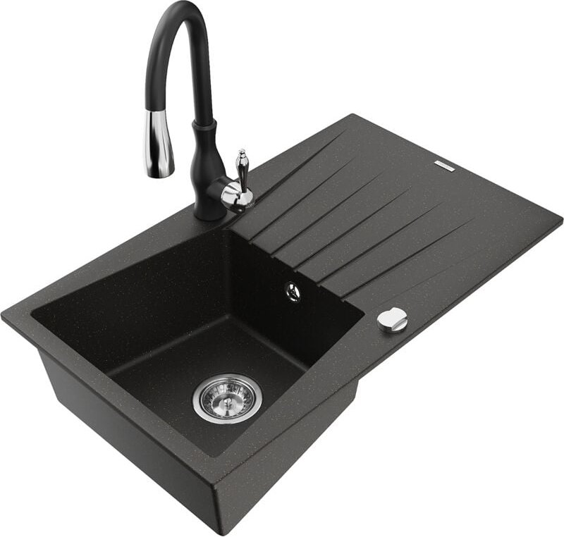 Cesar 1 Becken-Granitspüle mit Abtropffläche und Mischbatterie Savita, Schwarz/Gold metallisch - Mexen