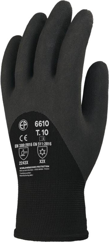 Pack mit 10 Paar EUROWINTER-Handschuhe, Latex-Schaum-Beschichtung, schwarzer Rücken, atmungsaktiv, Größe 9