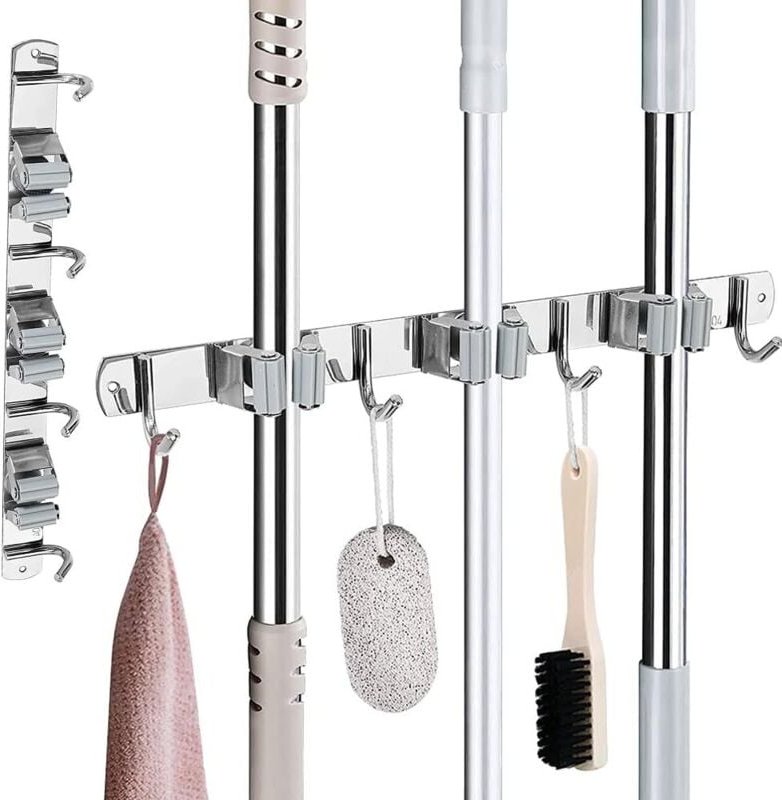 2 Stück Besenhalter aus Edelstahl zur Wandmontage, Gestell mit 3 Schlitzen und 4 Haken für Küche und Garage