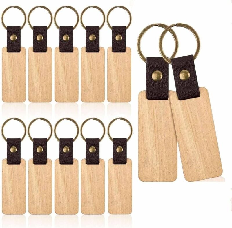 12 Stück Schlüsselanhänger Holz Leder für Lasergravur Rechteckige Rund Ecken Bambus diy Schlüsselanhänger Personalisiert...