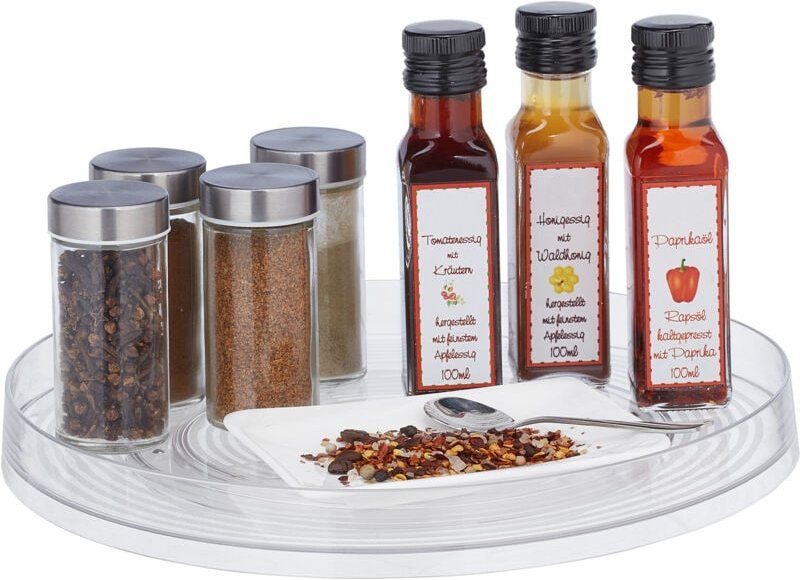 3 x Drehteller, D: 30 cm, Ordnungssystem für Küche und Bad, mit Rand, drehbarer Kühlschrank Organizer, transparent