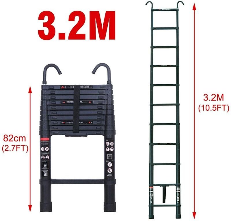Teleskopleiter mit Haken 3,2 m Verlängerung Teleskopleitern hoch klappbare Aluminiumleiter 10,5 Fuß 330 Pfund/150 kg Tra...