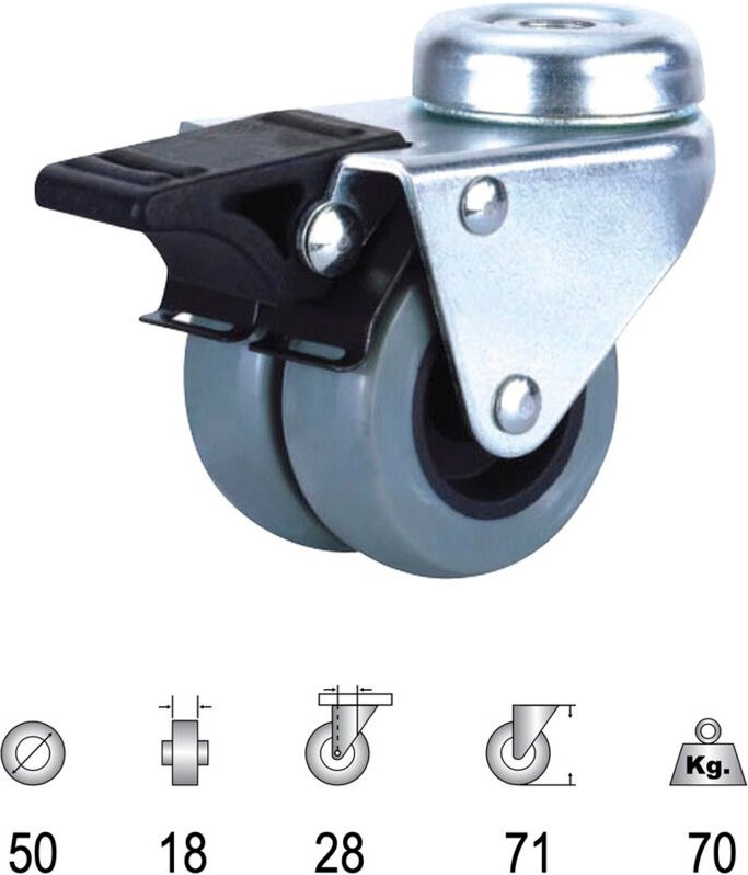 Rueda Industrial Doble Poliamida Gris Pasante con freno 50mm