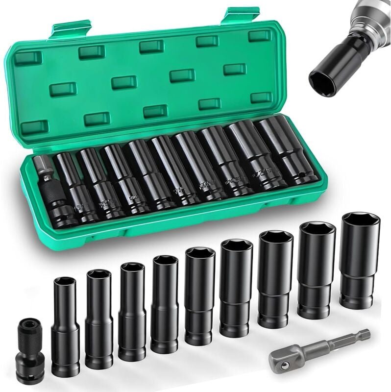Thumbnail - 11-teiliger Schlagnuss-Steckschlüsselsatz mit 1/2-Zoll-Antrieb, 10–24 mm langer Steckschlüsselsatz, Stecknüsse und -sätz...