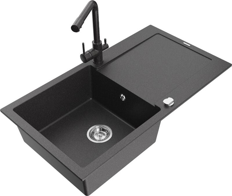 Leo 1 Becken-Granitspüle mit Abtropffläche und Mischbatterie Duero, Schwarz gesprenkelt - 6501 - Mexen