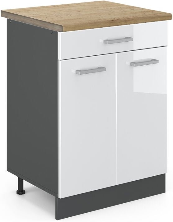 Vicco - Küchenunterschrank R-Line, Weiß Hochglanz, 80 cm , ap Eiche