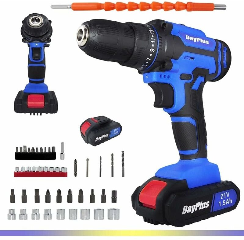 Diy Projekt Professional 21V Akku Schlagbohrschrauber (inkl. 1X1,5Ah Akku, 26tlg. Zubehör Set),LED Licht