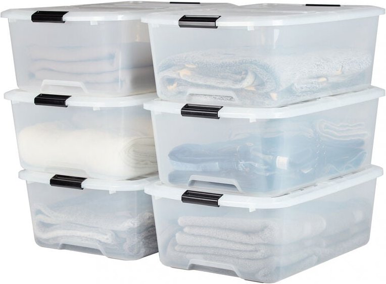 Aufbewahrungsbox mit Deckel, 30L, 6er-Set, Transparent, Schnappverschlüsse mit Griffen, Stapelbar, Stark & Langlebig, Fü...