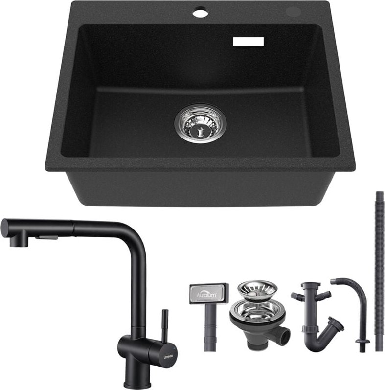Granitspüle 55 x 45 cm Spülbecken + Hochdruck Ausziehbare Küchenarmatur, für ab 60 cm Unterschrank - Auralum
