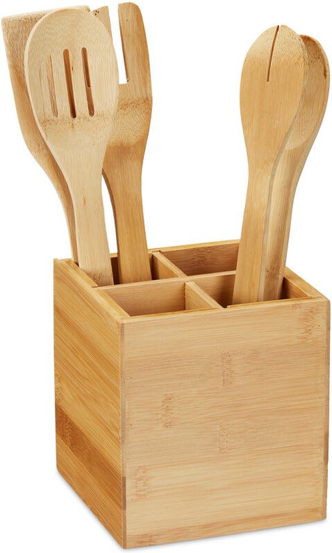 Besteckständer, 4 Fächer, Bambus Küchenutensilienhalter f. Besteck, Stifte, HxBxT 14,5 x 13,5 x 13,5 cm, natur - Relaxda...