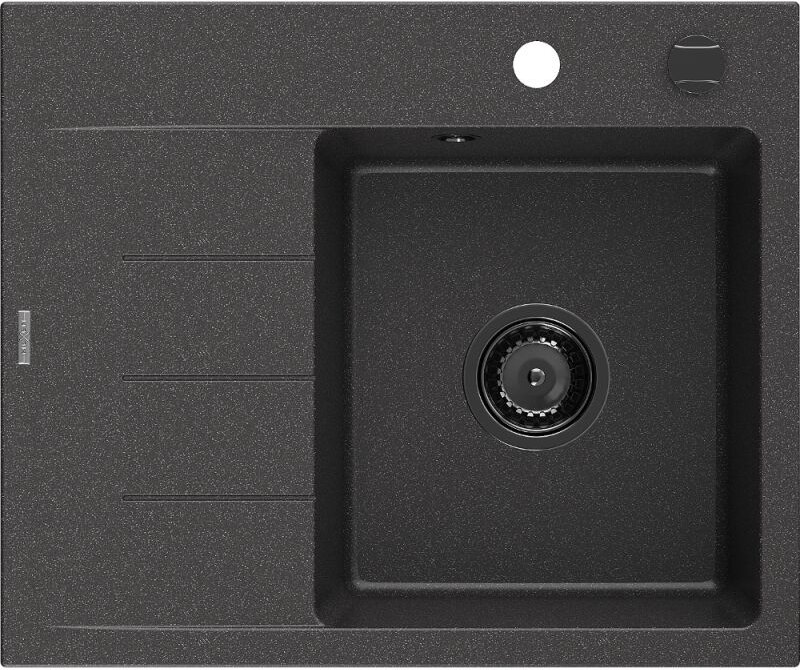 Ben Granitspüle 1-Becken mit Abtropffl√§che rechts 600 x 500 mm, schwarz gesprenkelt, schwarzer Siphon - 6523605000-76-B...