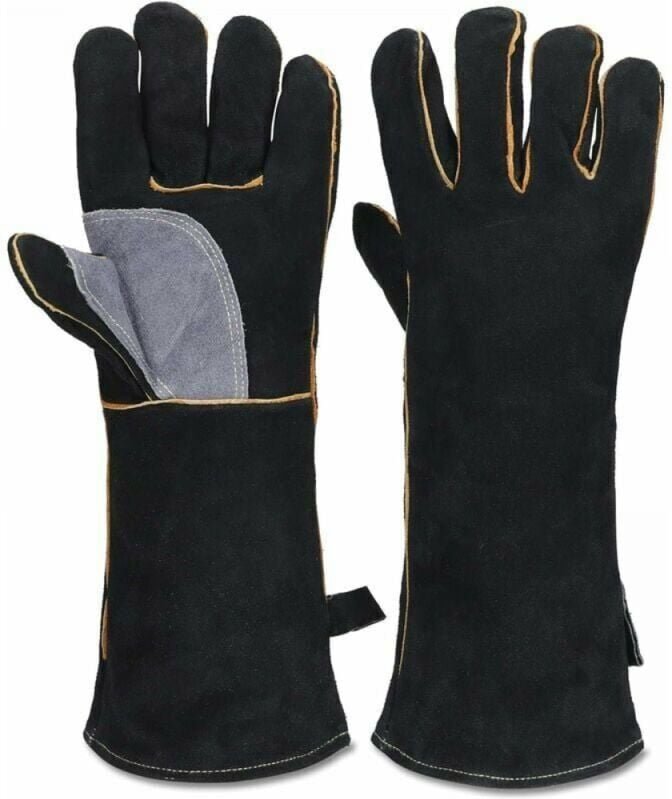 Thumbnail - Cyslmuk - 40 cm lange extrem feuer- und hitzebeständige Handschuhe, Leder mit Kevlar-Nähten, perfekt für Kamin, Herd, Of...