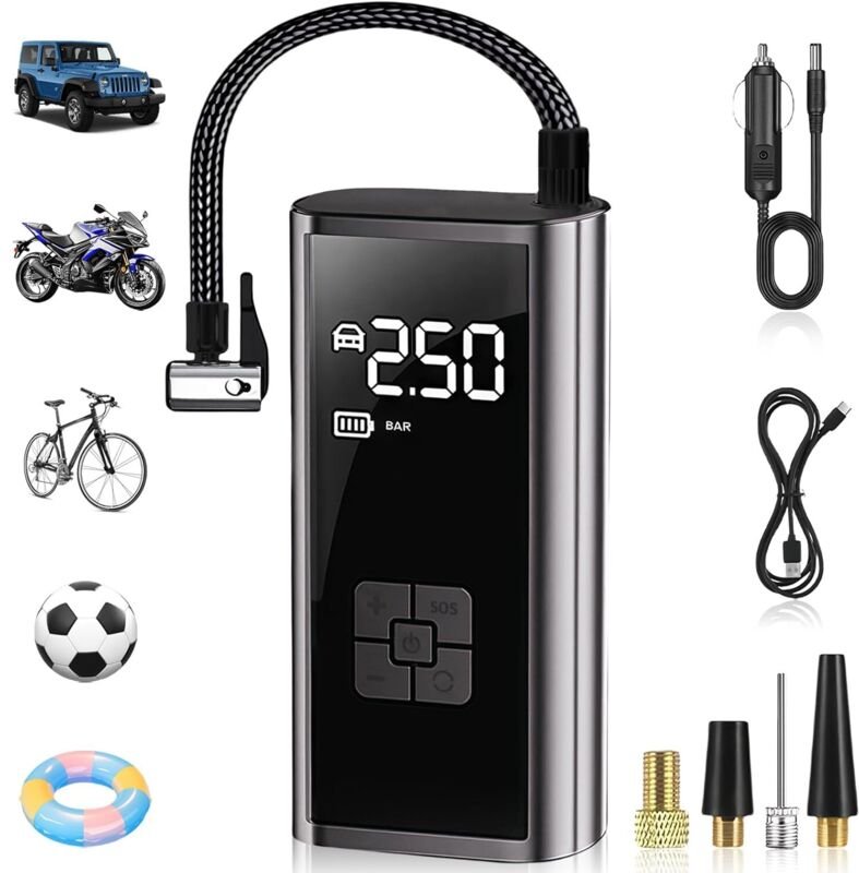 Lntyq - Tragbarer Luftkompressor, 120 psi kabelloser Autoreifenfüller mit 4 Düsen, elektrische Mini-Luftpumpe mit LED-Li...