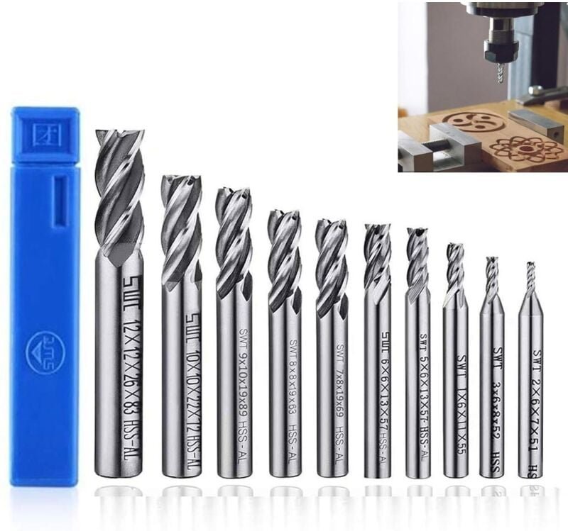 Bluedeer - hss Schaftfräser, 10 Stück 2-12 mm, 4 Flöte Spiralfräser cnc Fräse für Metall Holz Acryl, Schaftfräsersatz fü...