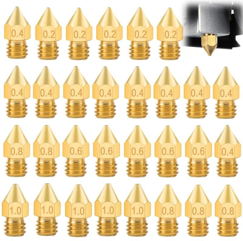 Ahlsen 3D-Druckerdüse 30 Stück Düse 0,2 mm/0,4 mm/0,6 mm/0,8 mm/1,0 mm Messingdüsen MK8-Düse für 1,75 mm Filamentdüse M6...